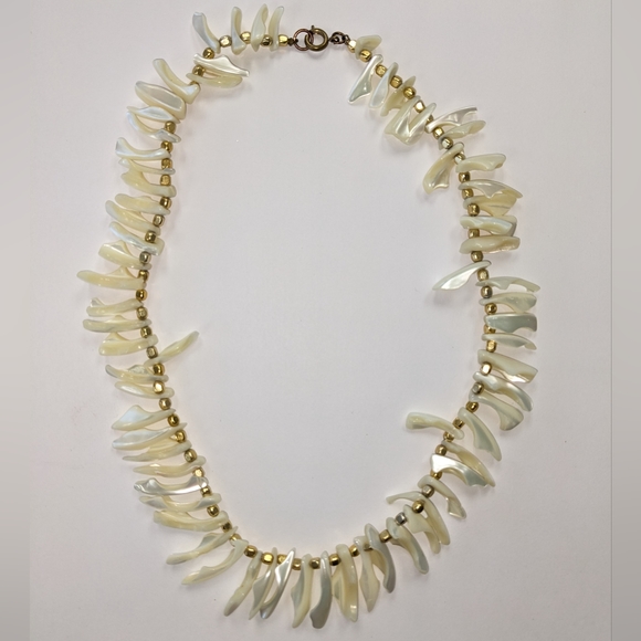 VTG IRIDESCENT SHELL & GOLD TONE SPACER NECKLACE - Picture 9 of 11